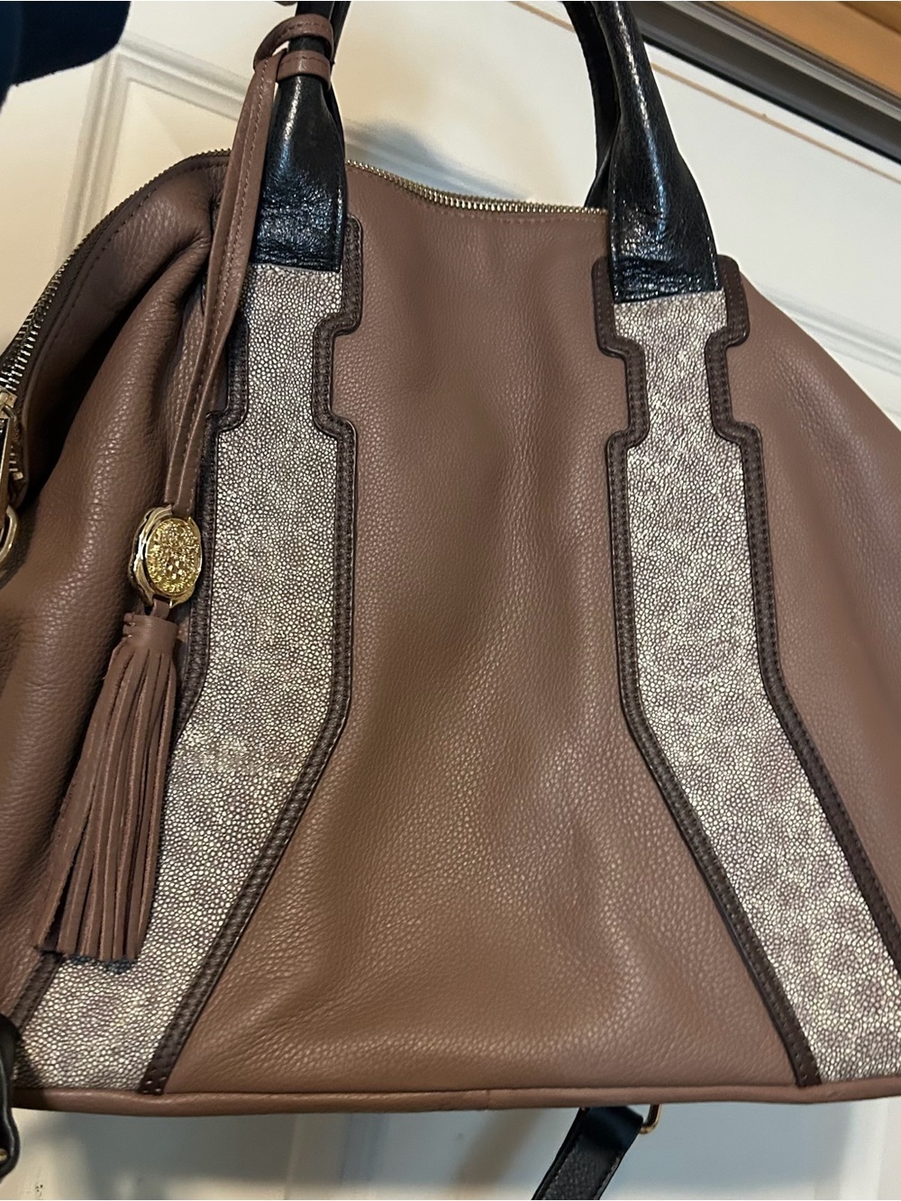 Vince Camuto Leather Tote Bag in Taupe with Tassel
